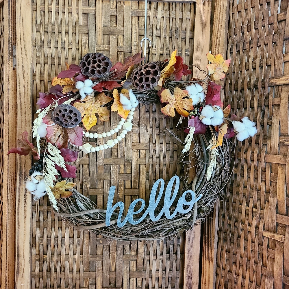 Fall Leaves and Cotton 18 in Hello Wreath
